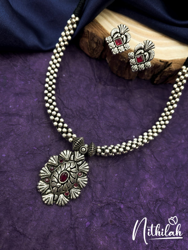 Thushi Oval Red Stone Oxidised Necklace N21N130