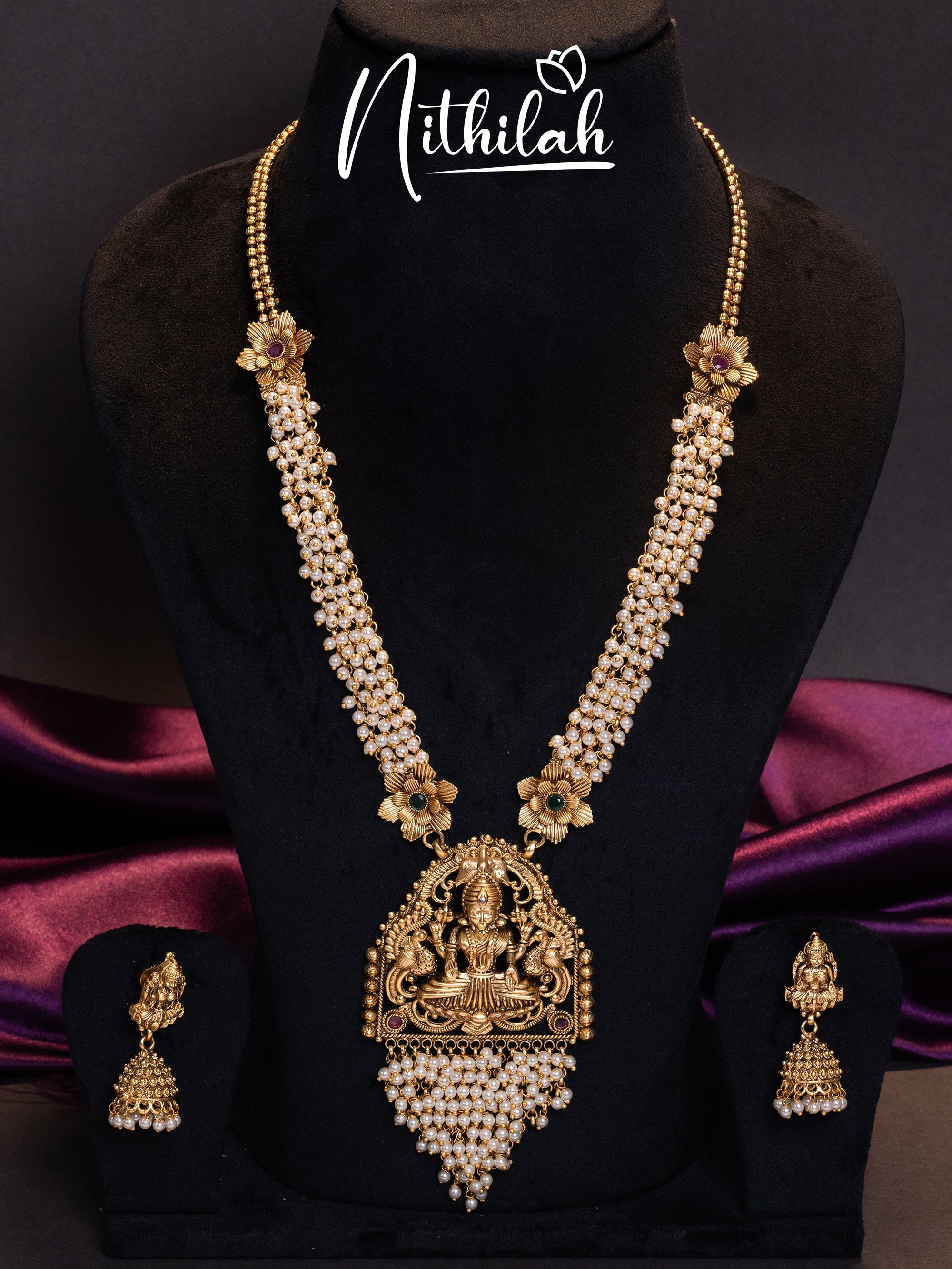 Buy Imitation Jewellery White Cluster Pearls Temple Lakshmi Haram NZAH114 Online
