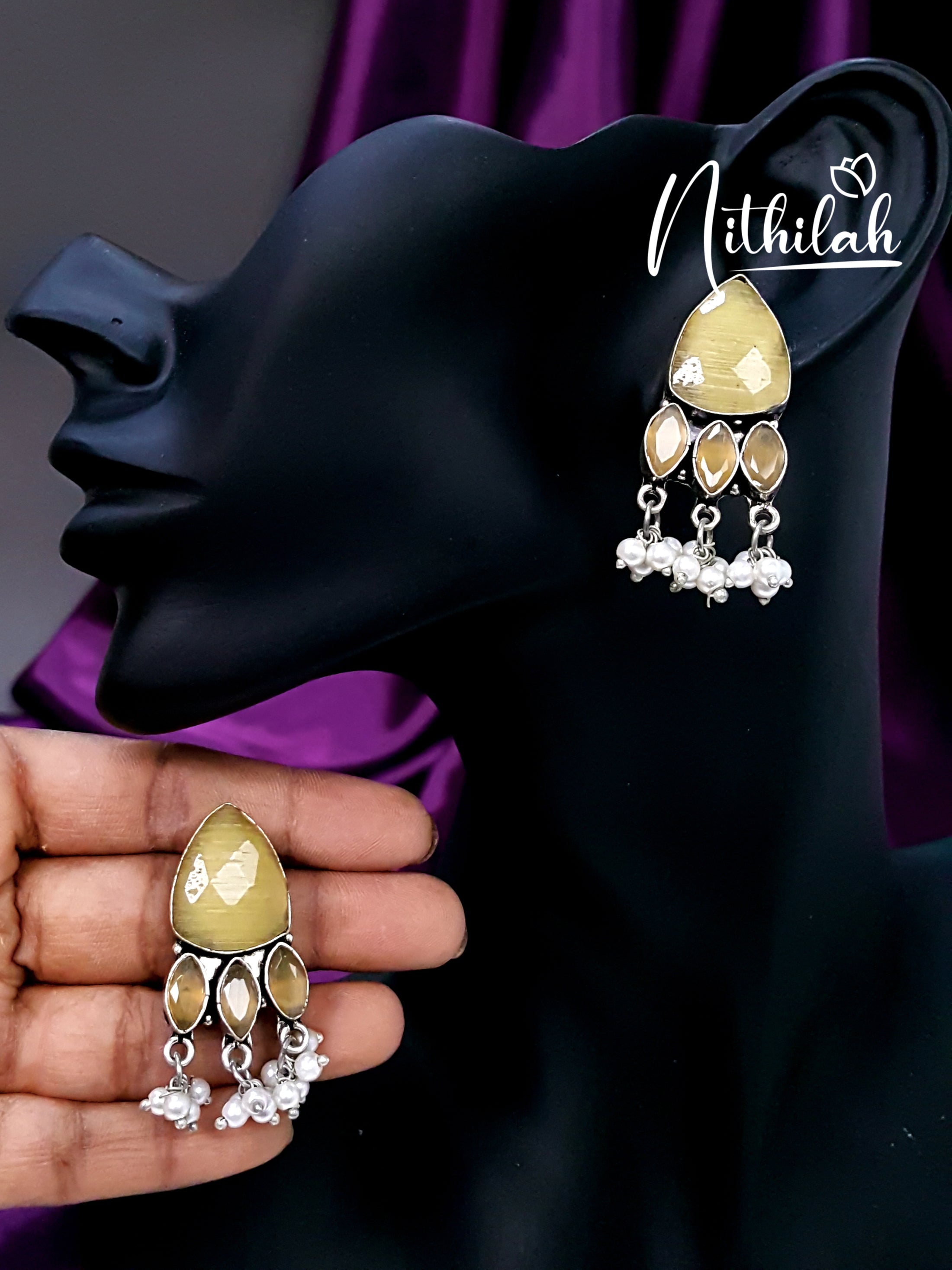 Yellow Triangle Stone Oxidised Earrings