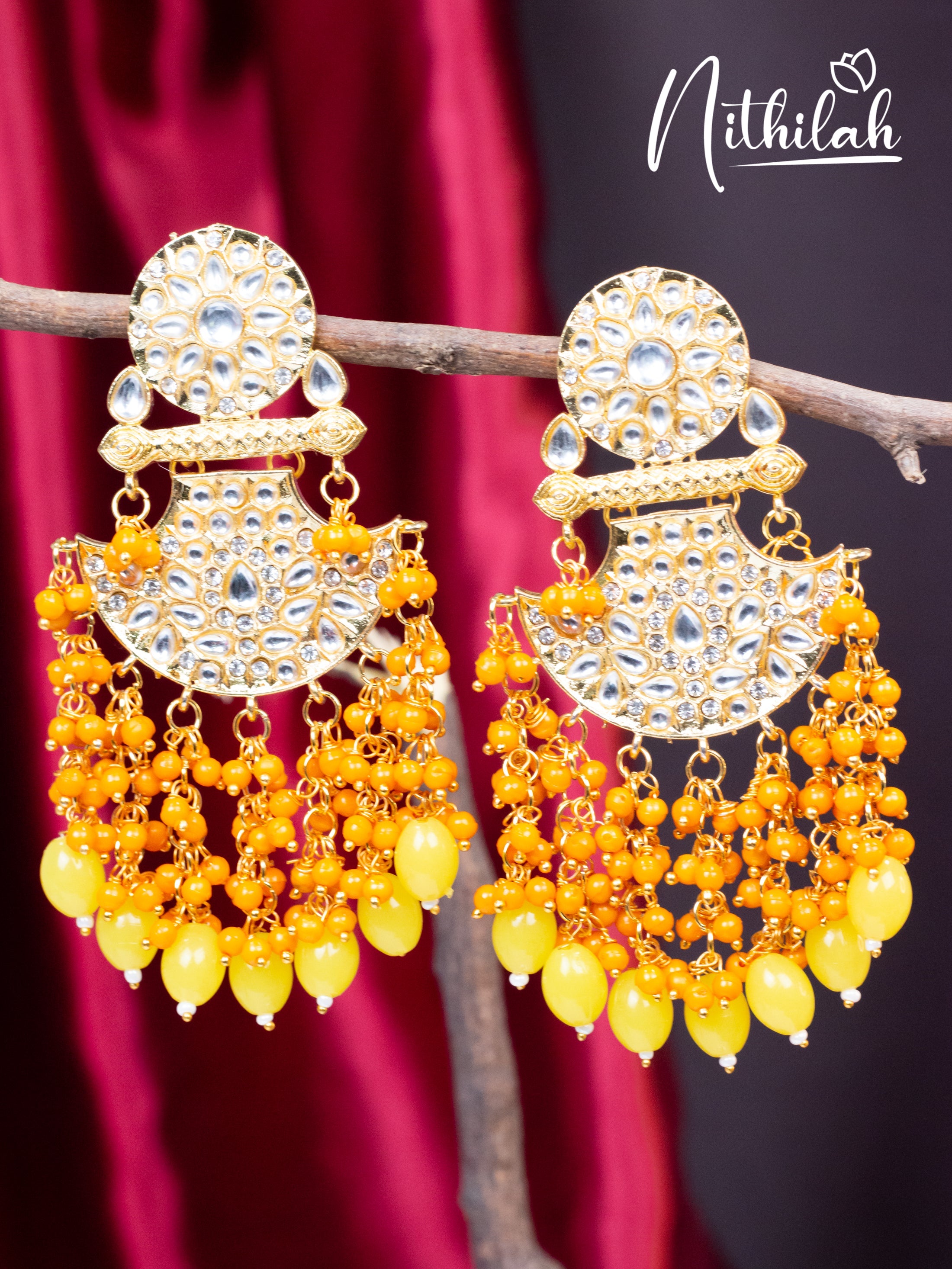 Yellow Beads Kundan Chandelier Earrings N19E140