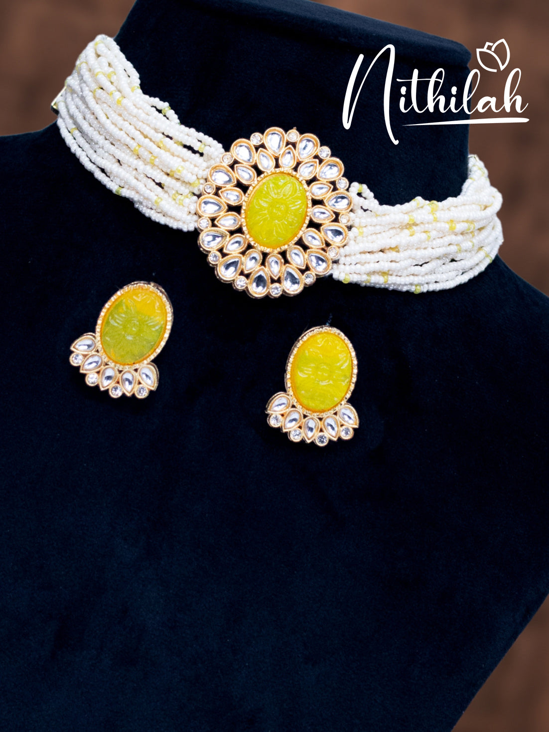 Yellow Center Kundan Beads Choker Necklace N19C164