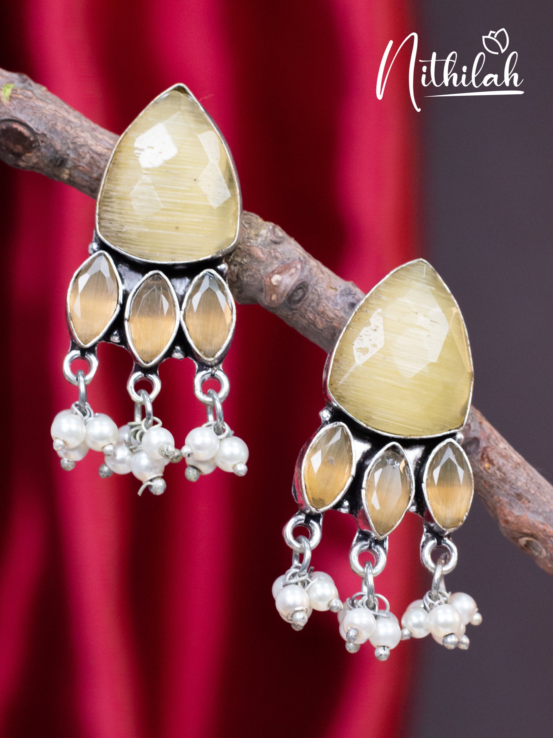 Yellow Triangle Stone Oxidised Earrings N10E211